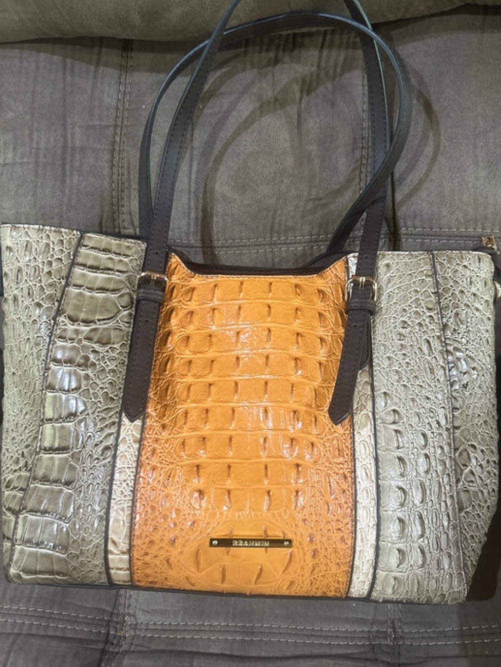 Authentic Brahmin Medium Asher Tote Bag - Tri-Texture Multi-Color Orange/Cream